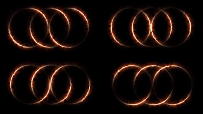 三圈火焰在黑暗背景上旋转。圆形风格环旋转与火烟雾抽象动画