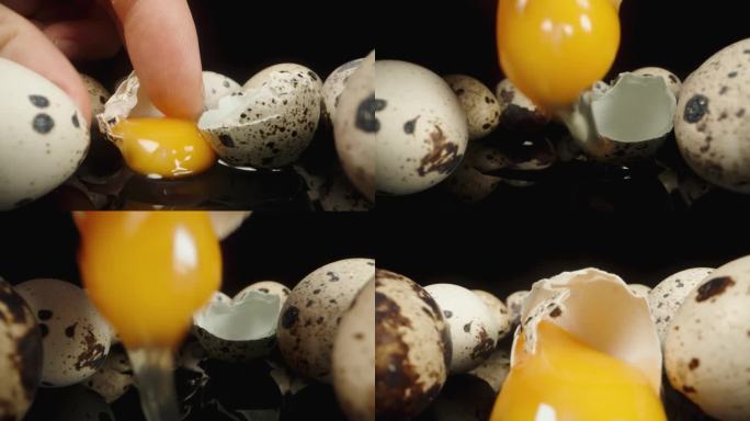 我拿起破裂的鹌鹑蛋，试着从中提取蛋黄，相机向后滑动，捕捉一个特写镜头。