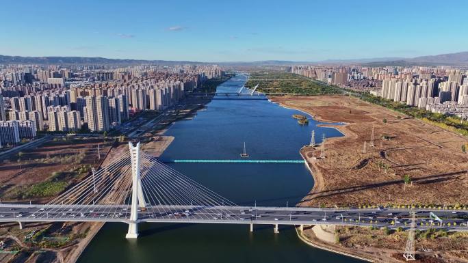 大同城市空境御河风光航拍