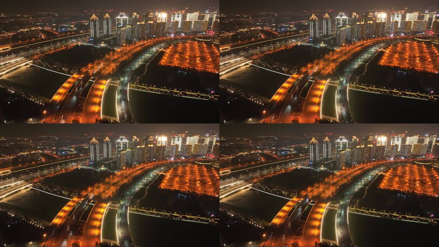 航拍河南郑州如意文化广场城市夜景风光