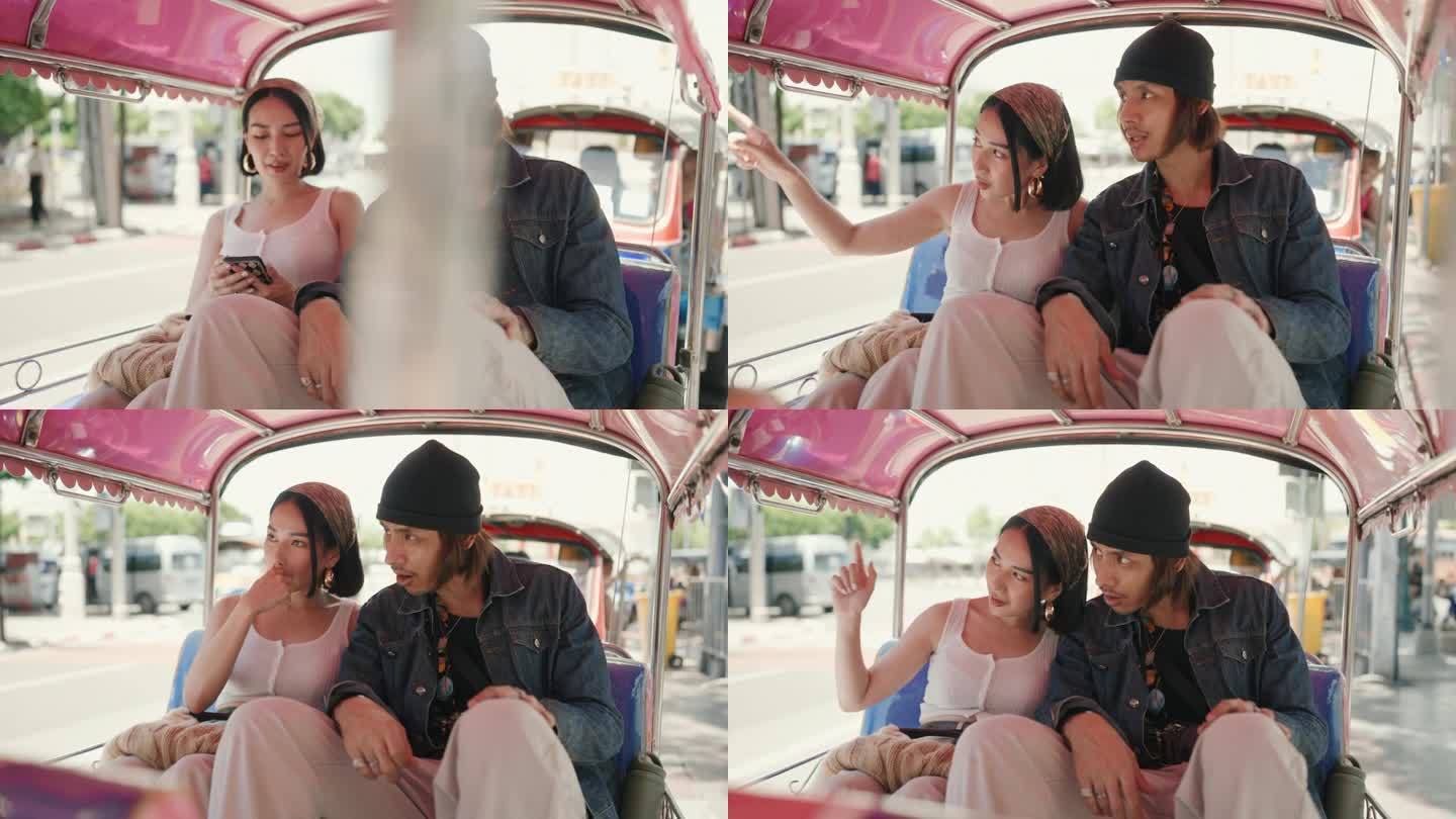 曼谷充满活力的爱与冒险之旅:年轻夫妇探索标志性地标和当地出租车。