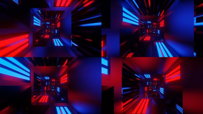 红色和蓝色发光镜像网络隧道背景VJ循环在4K
