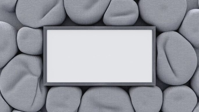 灰色布球球体在灰色布背景上围绕灰色文本框挤在一起。动画。