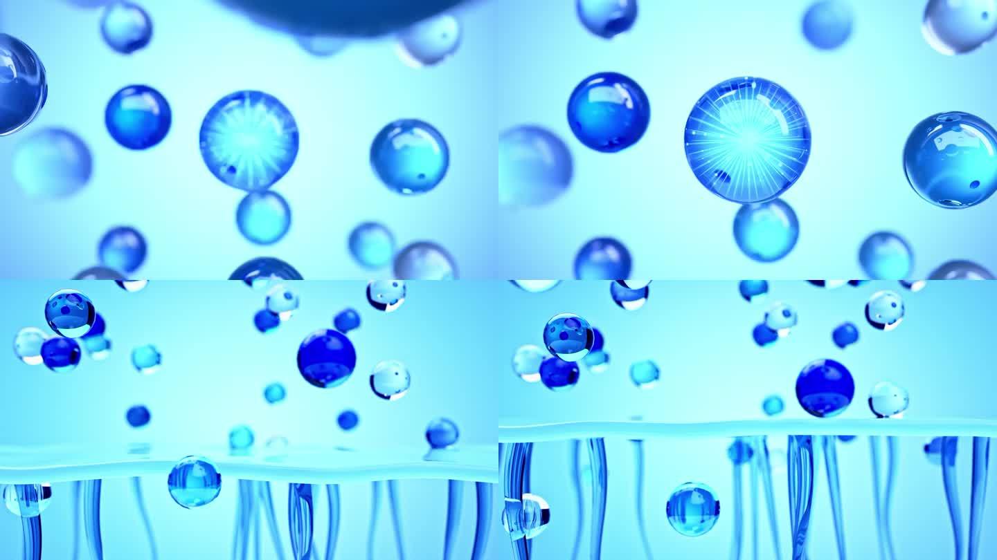 蓝色水分子球 唯美玻璃气泡三维广告动画