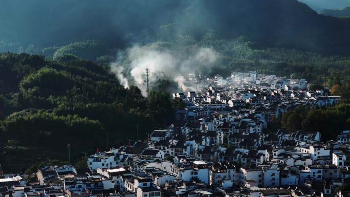 西递古村日出日落徽派建筑马头墙航拍