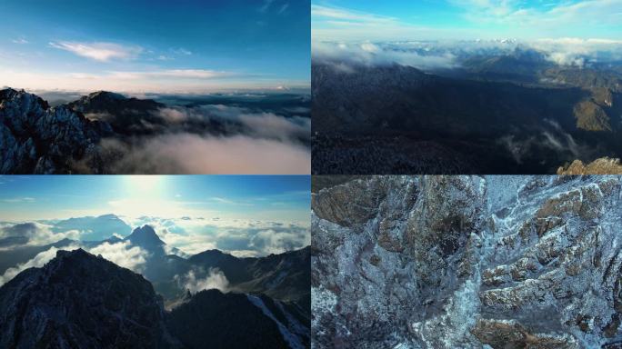 航拍雪山 雪景 云层上的美景莲花山