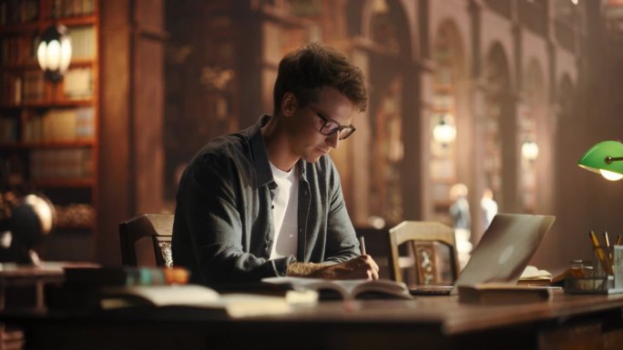 一个在传统图书馆学习的英俊学生的肖像。戴眼镜的年轻男性使用笔记本电脑进行大学研究项目，在线阅读学术论