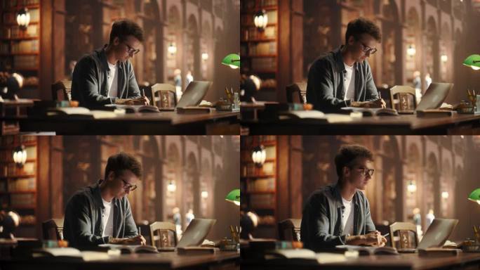一个在传统图书馆学习的英俊学生的肖像。戴眼镜的年轻男性使用笔记本电脑进行大学研究项目，在线阅读学术论