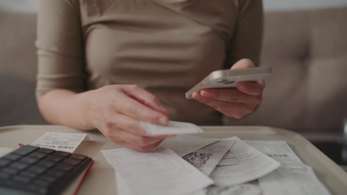 检查预算的女人手机计算机核算开支核对