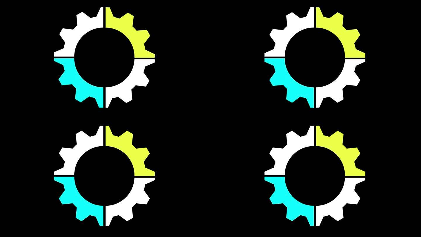 齿轮拼图与四部分介绍黑色背景上的动画可以用作业务步骤，过程或数据信息图表