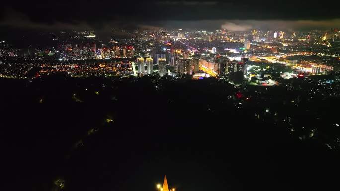 航拍临沧立景阁城市夜景