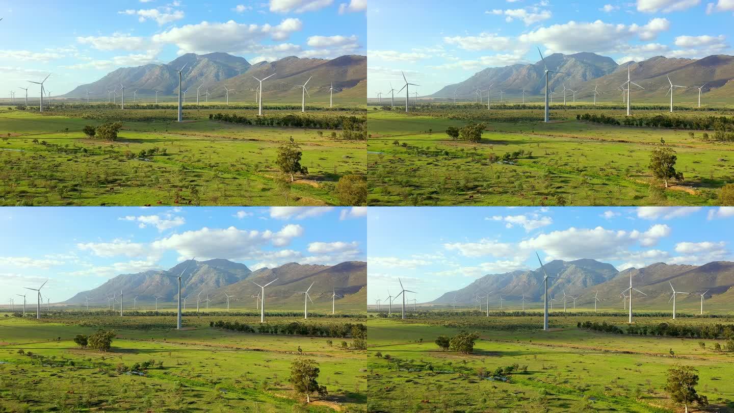 可持续性风力涡轮机和生态友好型可再生能源，或气候变化发电。工业，空旷或高山与自然，田野或乡村与工程或