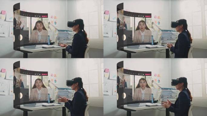 亚洲女商人戴着虚拟眼镜，参加增强现实虚拟工作空间的商务会议