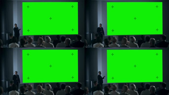 企业活动:白人男性科技公司CEO在初创公司办公室会议室用绿幕Chromakey投影仪向同事做演示。男