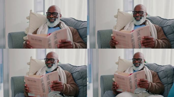 微笑着，成熟的黑人男子在家里客厅的沙发上看书。快乐、新奇和非洲人在休息室放松，在退休爱好中学习文学和