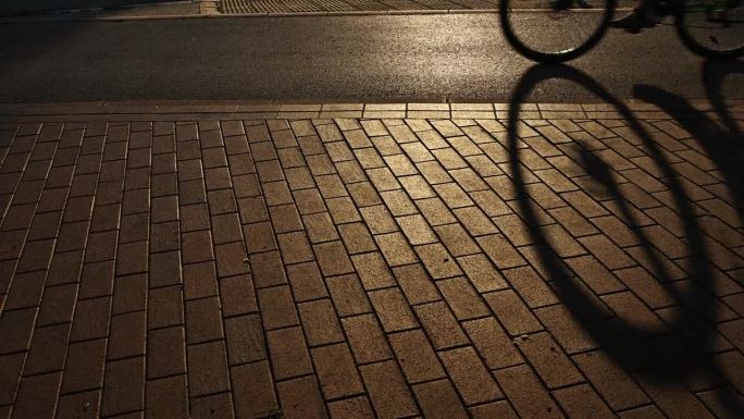 夏日夕阳下人行道上骑自行车的影子