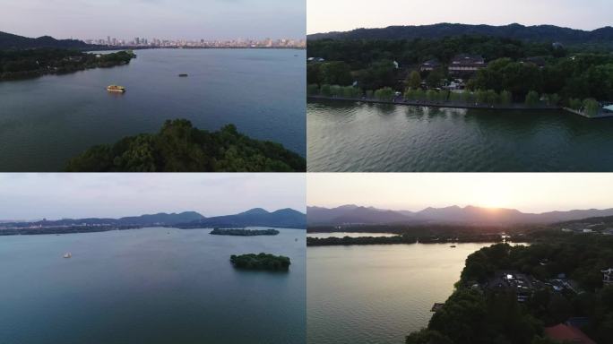 浙江杭州西湖空镜航拍风景夕阳山水游船