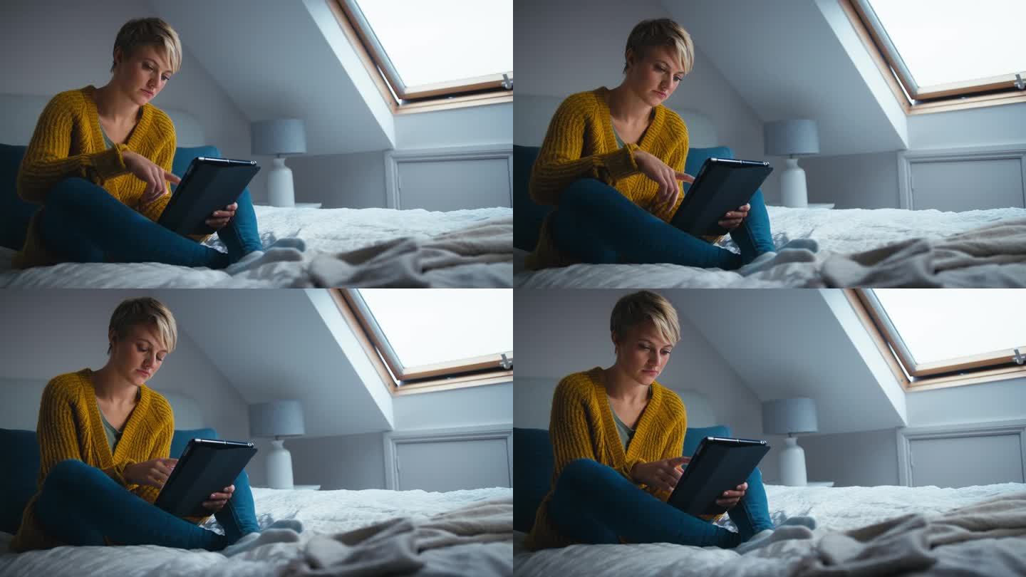 年轻女子坐在家里的床上看电子平板电脑