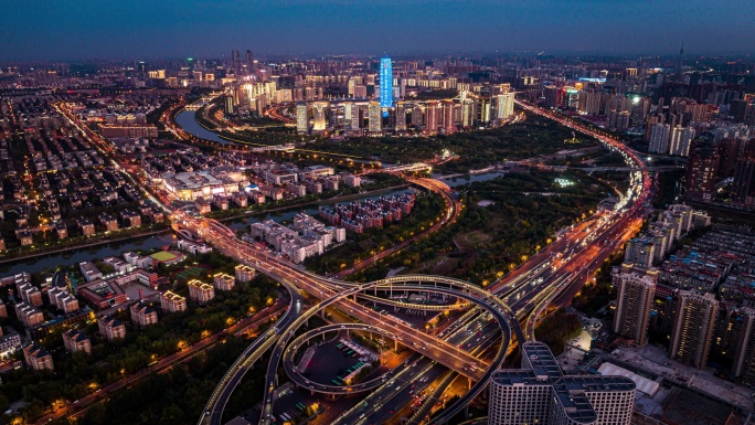 河南郑州城市夜景航拍延时摄影