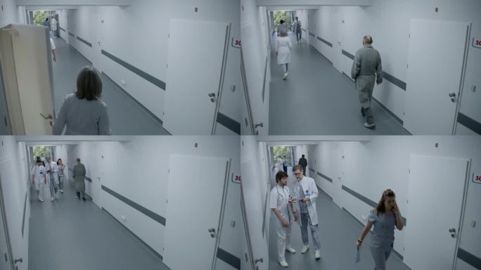 诊所走廊:忙碌的医生、护士和病人行走