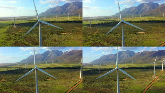 风力涡轮机，农田和生态友好型能源在自然，农村或自然环境的可持续性。风车在可持续农业，生态或户外发电与