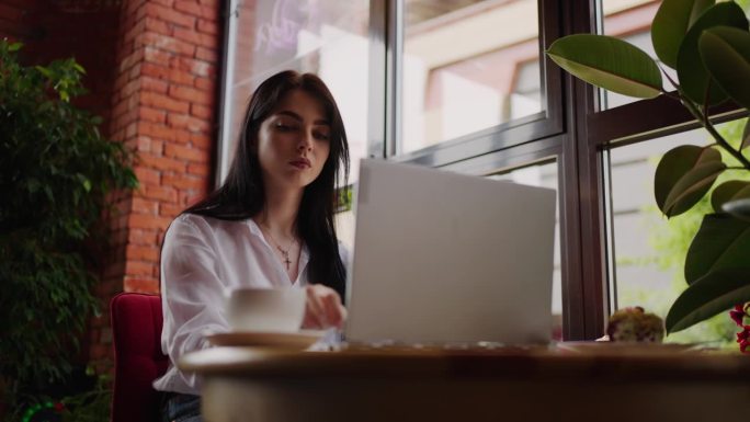 年轻的成年女商人的肖像，用笔记本电脑工作，看着咖啡馆的展示