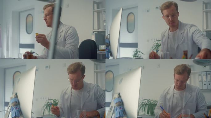 严肃的医生在视频会议上开药。医生使用电脑。
