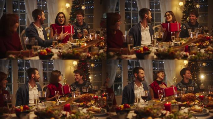 父母和亲戚在温馨的家中共进圣诞晚餐。美丽的朋友们聚在一起庆祝一位年轻女性的生日。快乐的丈夫献上节日礼