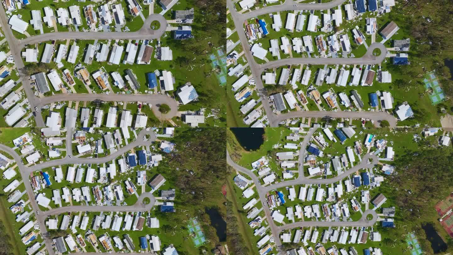 飓风“伊恩”过后，佛罗里达州活动房屋住宅区的房屋严重受损。自然灾害的后果