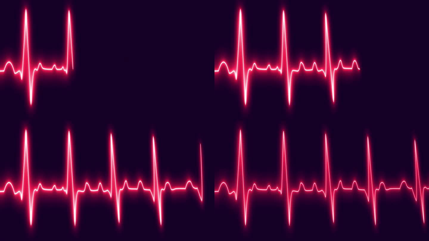 心电图心跳脉搏率发光红色霓虹灯循环动画背景。心电图60 BPM循环屏幕，蓝色带网格。心率监测器。医疗