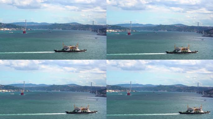 船只通过博斯普鲁斯海峡，大桥，伊斯坦布尔，土耳其，晴天