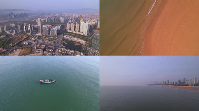 青岛城市阳台景区海浪沙滩渔船航拍视频素材