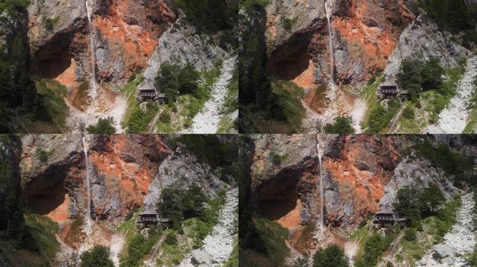 无人机在斯洛文尼亚索尔卡瓦洛加尔山谷的林卡瀑布上拍摄的鹰巢视角