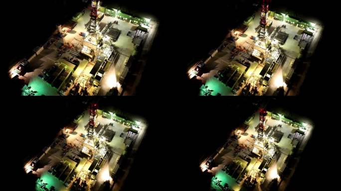 夜间天然气钻井站鸟瞰图——无人机拍摄