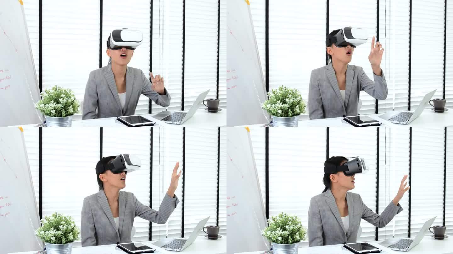 年轻女性在互联网上使用VR进行教育和旅行的移动应用程序。