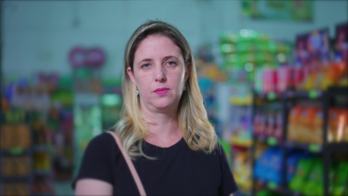 严肃的白人女性消费者在超市里提着篮子，挑战时代的特写