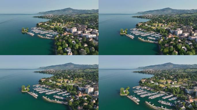 瑞士蒙特勒附近的日内瓦湖鸟瞰图。日内瓦湖的海岸线上有游艇和房子
