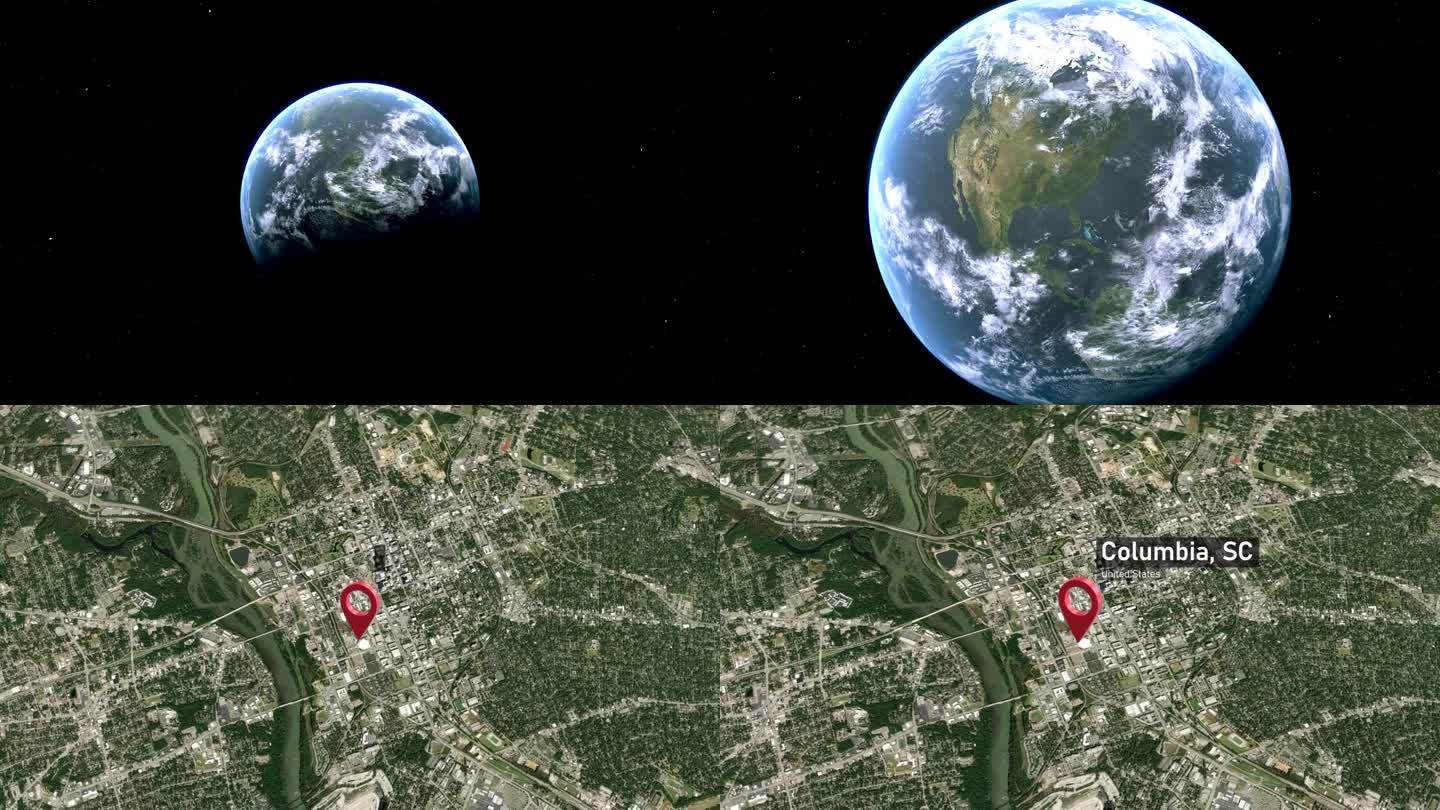 哥伦比亚城地图从太空缩放到地球，南卡罗来纳州，美国