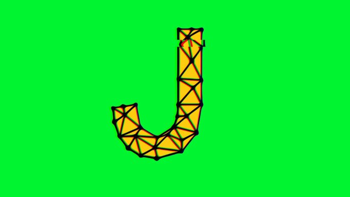 多边形字母j动画与故障效果的绿色背景，4k分辨率视频，文本运动图形