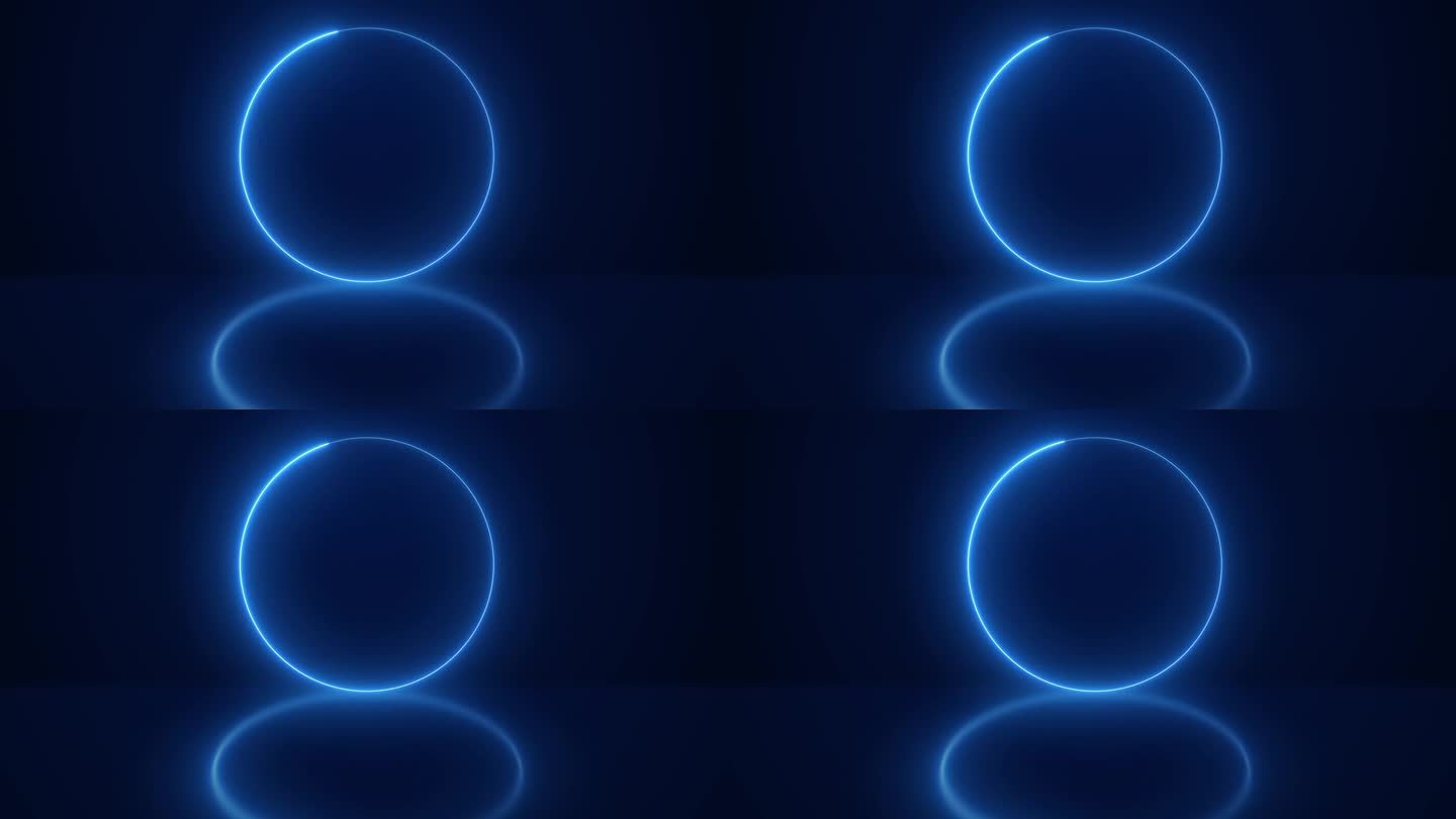 蓝色霓虹灯圈光反射在黑暗的背景。发光环在黑暗背景上的动画。