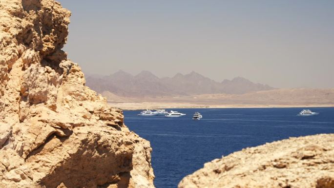 鲨鱼瞭望台透过悬崖边的游客在红海的游艇上潜水。拉斯穆罕默德国家公园。