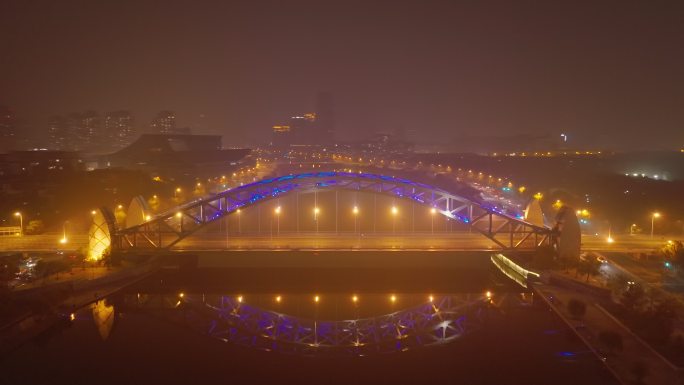 天津大雾天气海河国泰桥夜景航拍