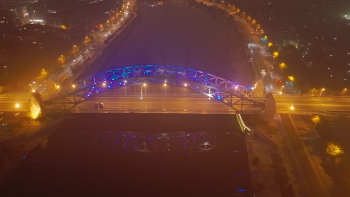 大雾天气天津海河国泰桥夜景航拍
