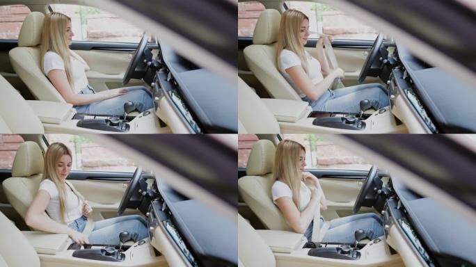漂亮女人坐在汽车座椅上，系好安全带，汽车安全概念。