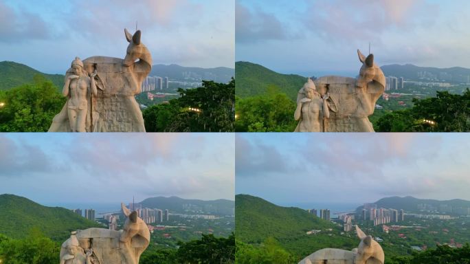 高视角温暖阳光下的海南三亚鹿回头空镜头