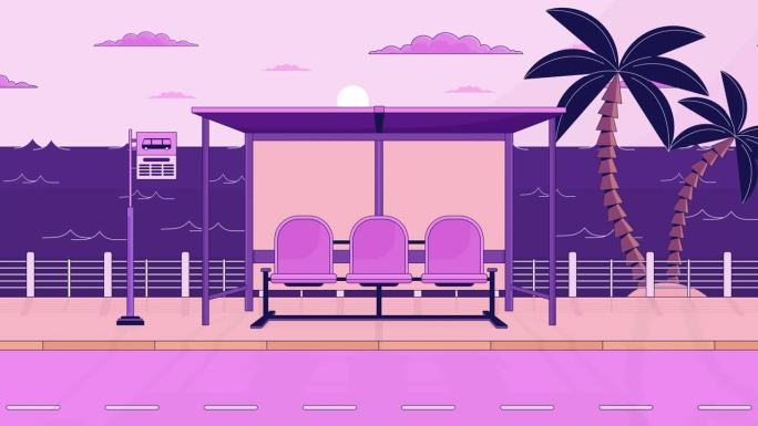 巴士站长凳在黄昏海滨低保真动画卡通背景