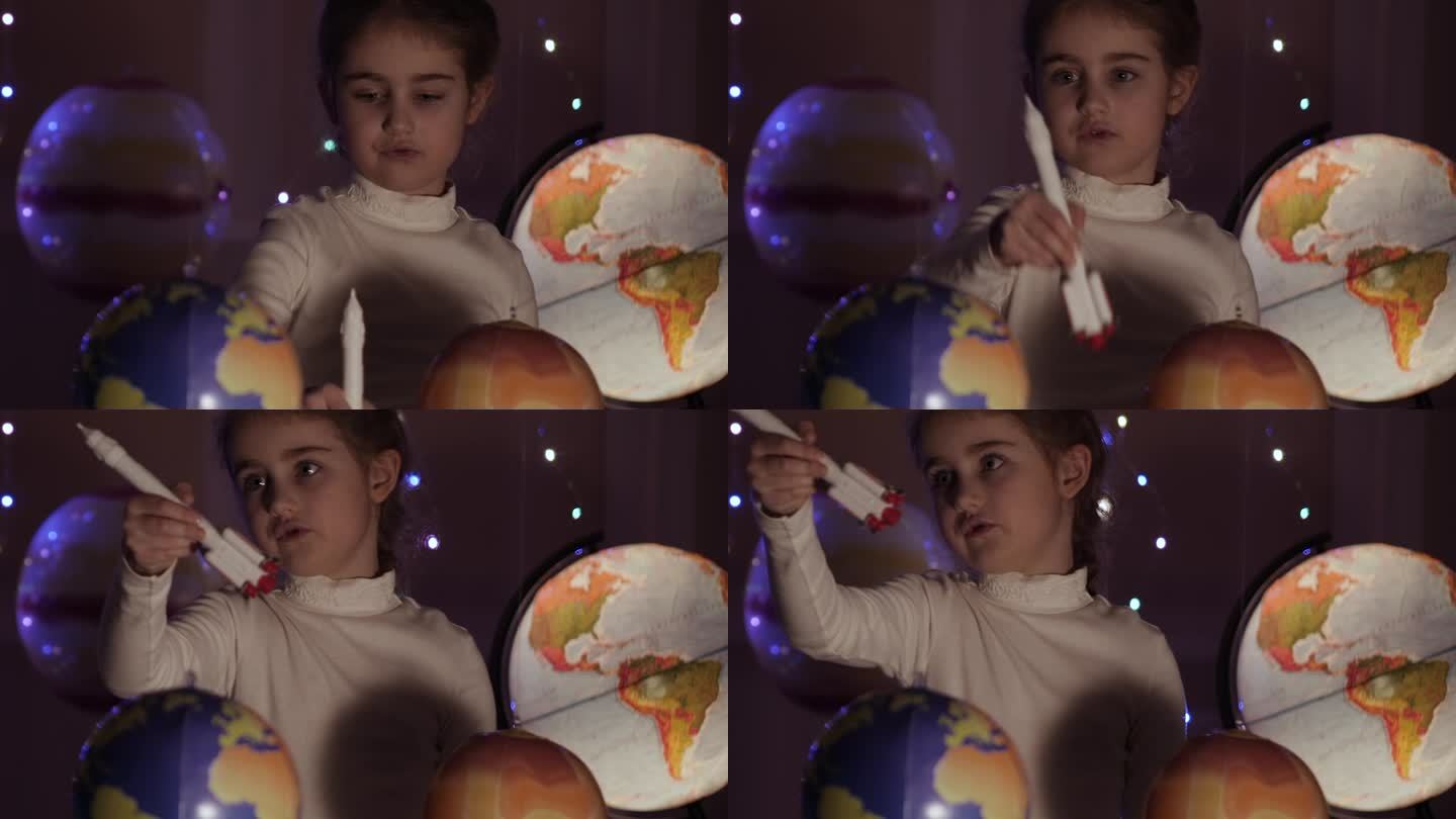 小女孩宇航员从太空港发射玩具火箭穿越行星。宇航员幻想在宇宙飞船上飞行。顽皮家庭室内的儿童飞行员。创意