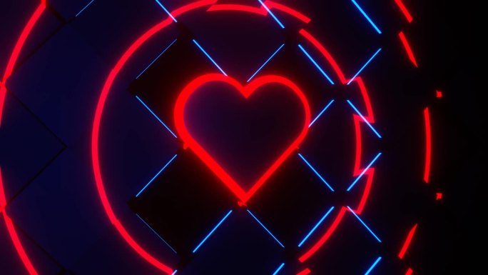 红色和蓝色霓虹灯发光全抽象心脏背景VJ循环在4K