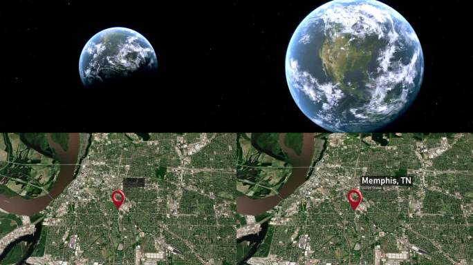 孟菲斯市地图从太空缩放到地球，田纳西州，美国