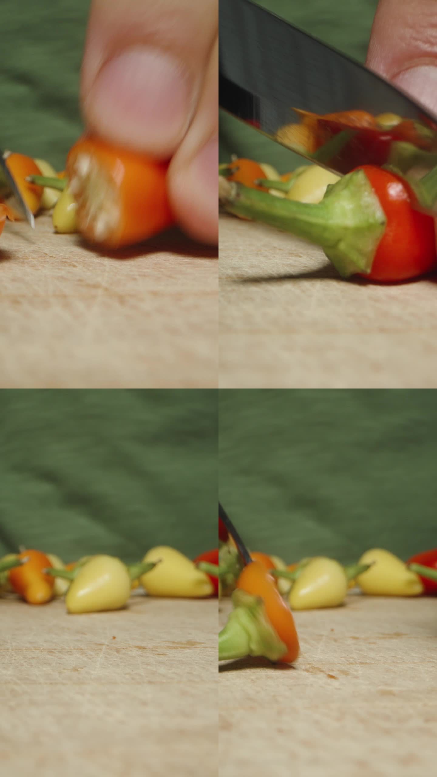 垂直视频。我从迷你辣椒上剪下绿色的小枝。多莉滑块极端特写。